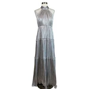 Silver Metallic Halter Evening Gown Size 12 Ruffled A-Line Long Dress by AQUA